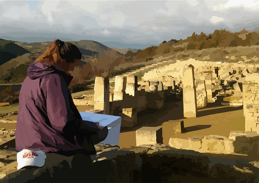 Inmaculada Delage, researcher at the University of Navarra, works on the planimetry of the forum of Santa Cruz de Eslava.