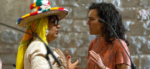 Latifa Laaroussia and Maialen Lujanbio at the poetry recital held at Civivox Condestable (Pamplona)