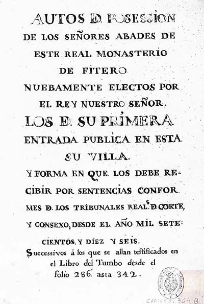 Title page of the book of the abbots of Fitero (1716-1830) preserved in the file National Historical Archive.